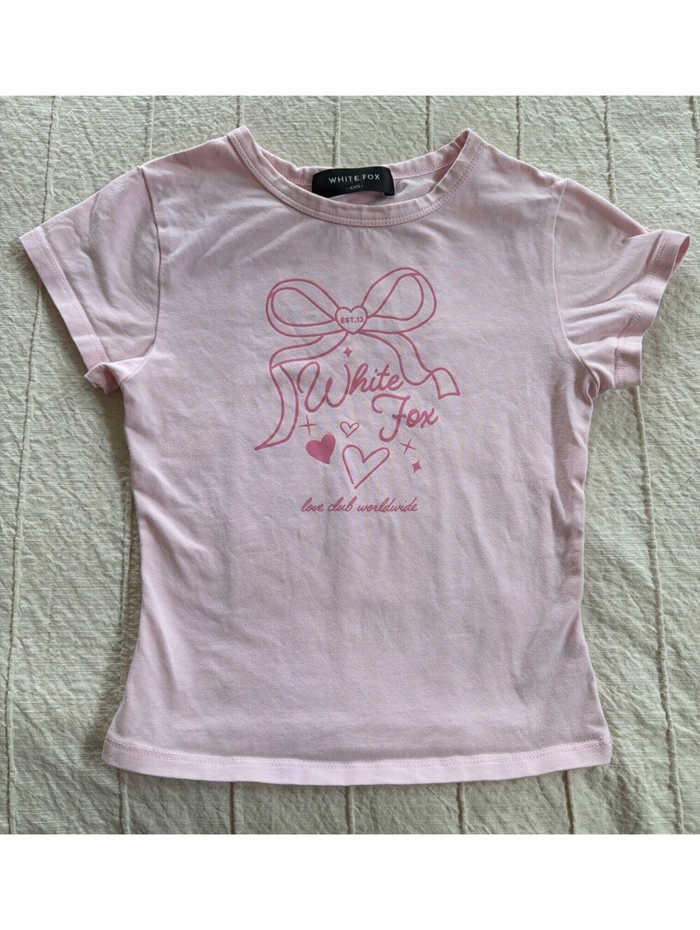 White Fox Baby Tee Love Club Worldwide Pink Spandex XXS Top T-shirt